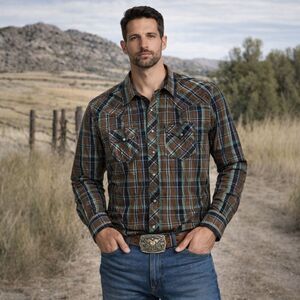 Cowboy Up Western Plaid Snap Shirt Men’s XL Classic Fit Brown Cotton